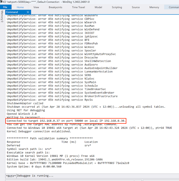 success windbg connection
